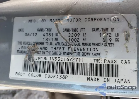 2012 Mazda Mazda3 S Touring from USA, damaged, VIN JM1BL1V53C1672711